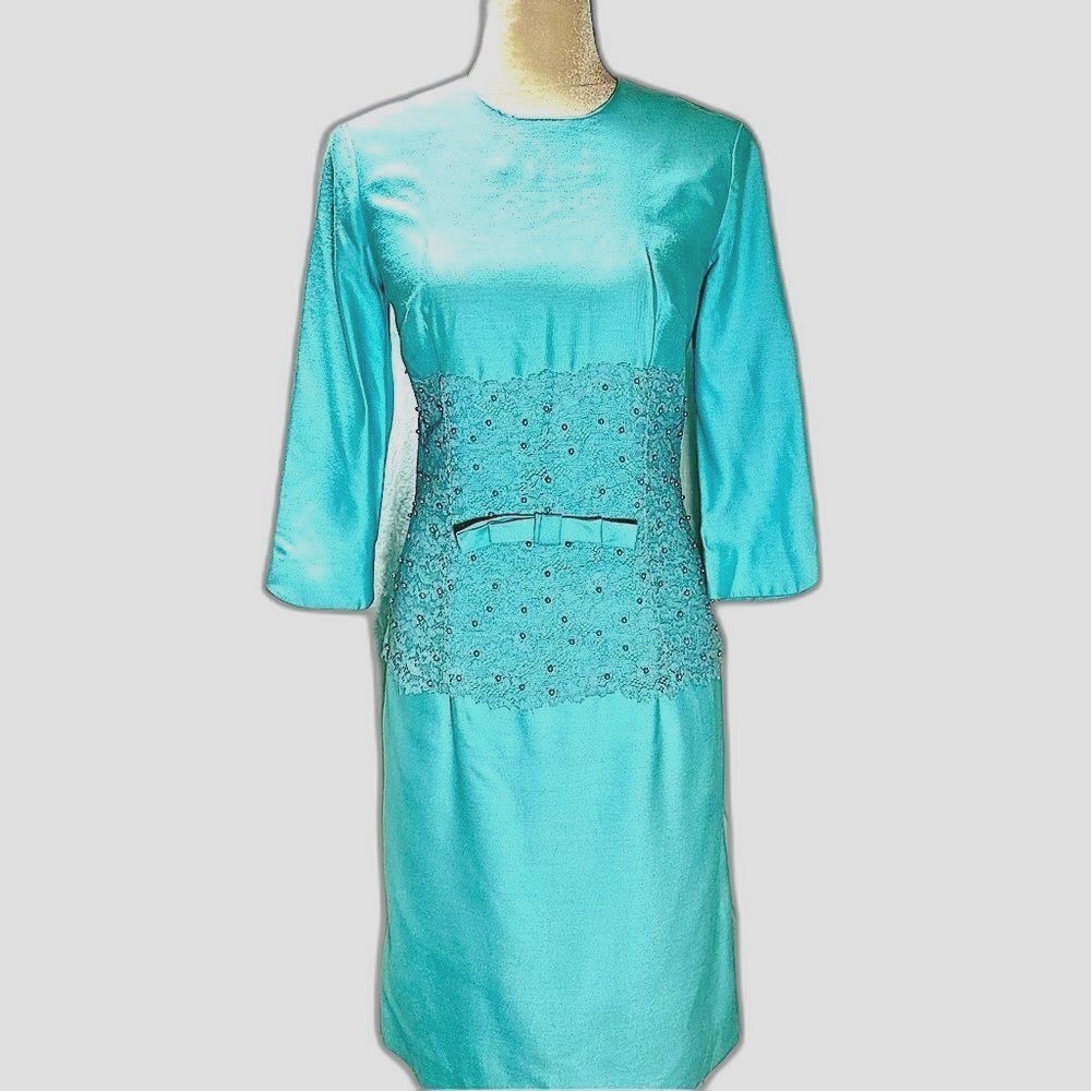 Vtg 1960s Alfred Werber Designer Aqua Beaded Lace Cocktail Wiggle Dress M